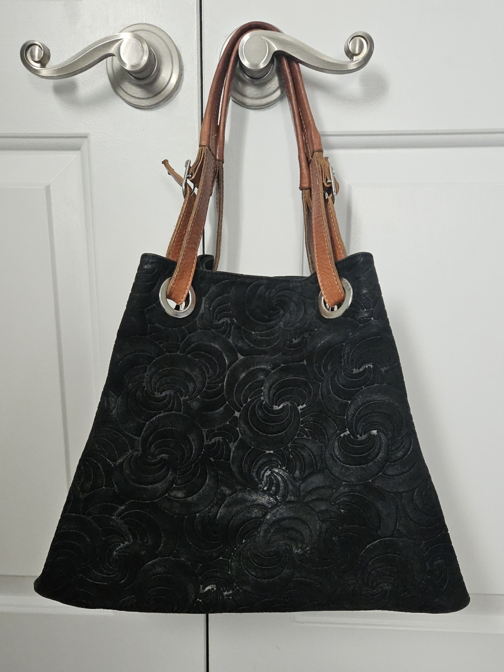 Black Floral-Embossed Satchel with Brown Leather Handles
